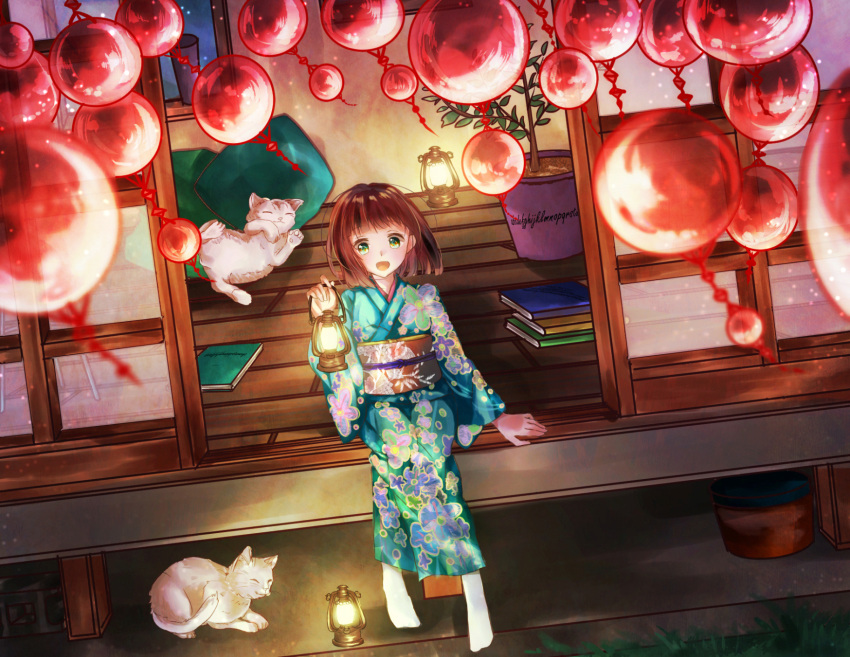1girl brown_hair cat cinder_block dutch_angle floral_print grass green_eyes haruaya highres japanese_clothes kimono lanter light_particles looking_at_viewer obi open_mouth original pillow plant porch potted_plant sash short_hair sitting sliding_doors smile socks solo wind_chime wooden_floor yukata