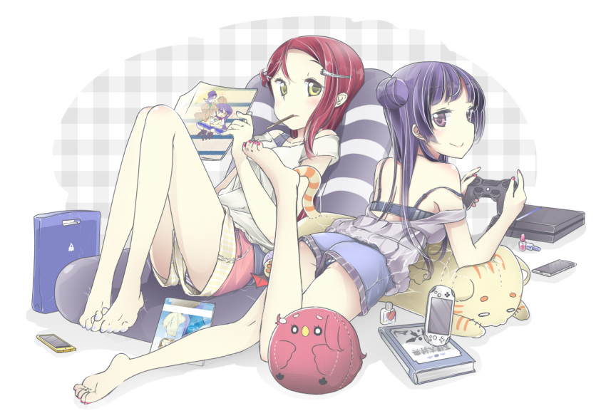 2girls bangs barefoot bird_pillow blue_hair blue_nails book bra buta_(rennto3) casual cat_pillow cellphone controller cushion game_console game_controller green_eyes hair_ornament hairpin handheld_game_console holding long_hair looking_at_viewer looking_back love_live! love_live!_school_idol_project love_live!_sunshine!! lying manga_(object) minami_kotori mouth_hold multiple_girls nail_polish nail_polish_bottle off-shoulder_shirt on_stomach one_leg_raised panties panty_peek phone pocky reclining red_nails redhead sakurauchi_riko shirt shorts side_ponytail smartphone sonoda_umi strap_slip toenail_polish tsushima_yoshiko underwear violet_eyes