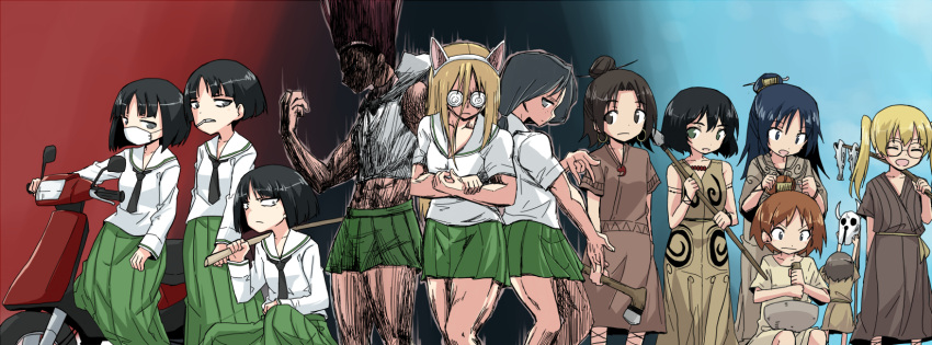 6+girls animal_ears aura axe bangs black_eyes black_hair blonde_hair blouse blue_eyes blue_hair bob_cut bokken bow bowtie brown_dress brown_eyes brown_hair cat_ears cigarette coke-bottle_glasses commentary delinquent dilated_pupils dress face_mask fake_animal_ears fish freckles girls_und_panzer glasses gotou_moyoko green_skirt ground_vehicle highres holding holding_weapon hunter_x_hunter jewelry kakizaki_(chou_neji) konparu_nozomi long_dress long_skirt long_sleeves maruyama_saki mask miniskirt momogaa mortar motor_vehicle multiple_girls muscle necklace necktie nekonyaa oono_aya parody parted_bangs pestle pink_hair piyotan pleated_skirt polearm round_glasses sakaguchi_karina sawa_azusa school_uniform scooter serafuku short_hair short_sleeves silver_hair skeleton skirt sleeveless sono_midoriko spear squatting standing style_parody sukeban sword twintails utsugi_yuuki vespa weapon white_blouse wooden_sword yamagou_ayumi