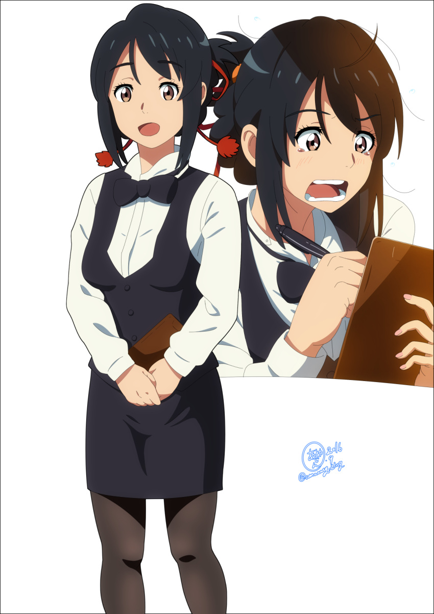 1girl anime_coloring black_hair border bow bowtie brown_eyes dated flying_sweatdrops hair_ribbon highres k.ty_(amejin) kimi_no_na_wa miyamizu_mitsuha official_style open_mouth pantyhose pen ribbon short_hair signature simple_background solo tears twitter_username white_background writing