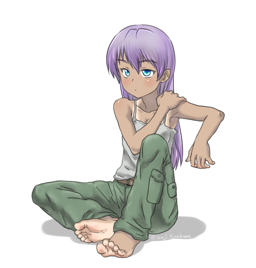 1girl baggy_pants barefoot blue_eyes blush cargo_pants casual dark_skin feet highres long_hair original pants purple_hair shirt sketch sleeveless sleeveless_shirt soles souji_kurokawa tank_top toes