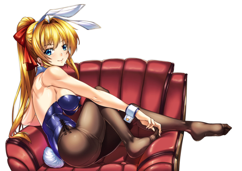 1girl animal_ears bare_shoulders blonde_hair blue_eyes blush bow breasts bunny_girl bunny_tail bunnysuit couch detached_collar fake_animal_ears fishnet_pantyhose fishnets from_side hair_bow highres leotard long_hair merufena original pantyhose rabbit_ears sideboob simple_background solo tail white_background wrist_cuffs