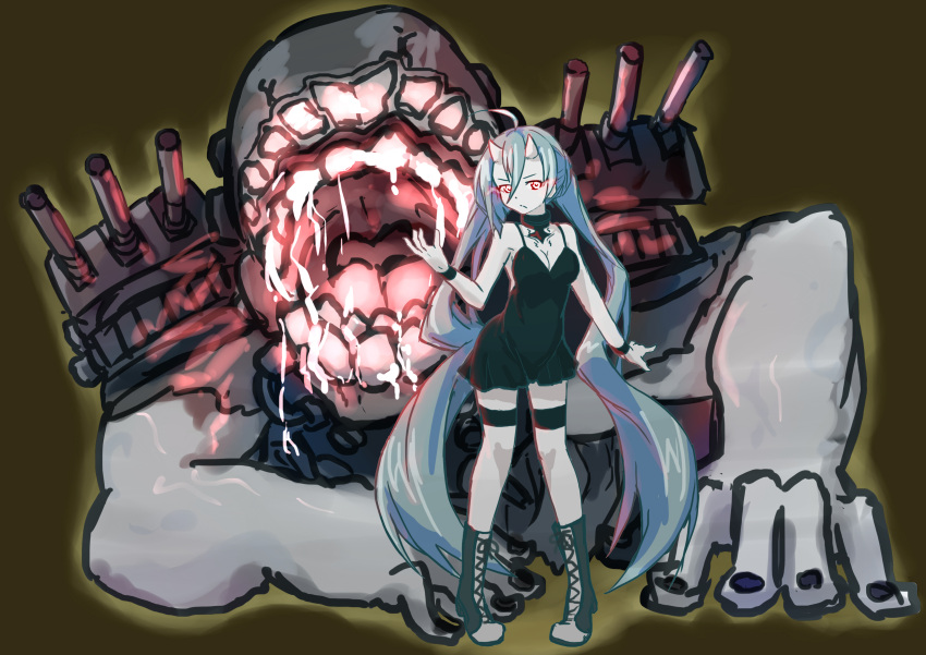 1girl absurdres alternate_breast_size alternate_costume artist_request battleship_hime battleship_hime_(cosplay) black_dress blue_hair boots breasts choker cleavage commentary dark_persona dress glowing glowing_eyes grey_hair highres horns kantai_collection kiyoshimo_(kantai_collection) long_hair multicolored_hair red_eyes shinkaisei-kan short_dress thigh_strap very_long_hair wristband