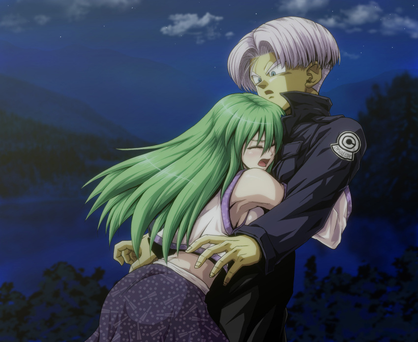 1boy 1girl blue_eyes breast_press breasts closed_eyes clouds crossover detached_sleeves dragon_ball dragon_ball_z green_hair height_difference highres hug jacket kamishima_kanon kochiya_sanae mountain night night_sky open_mouth silver_hair sky star_(sky) touhou trunks_(dragon_ball)