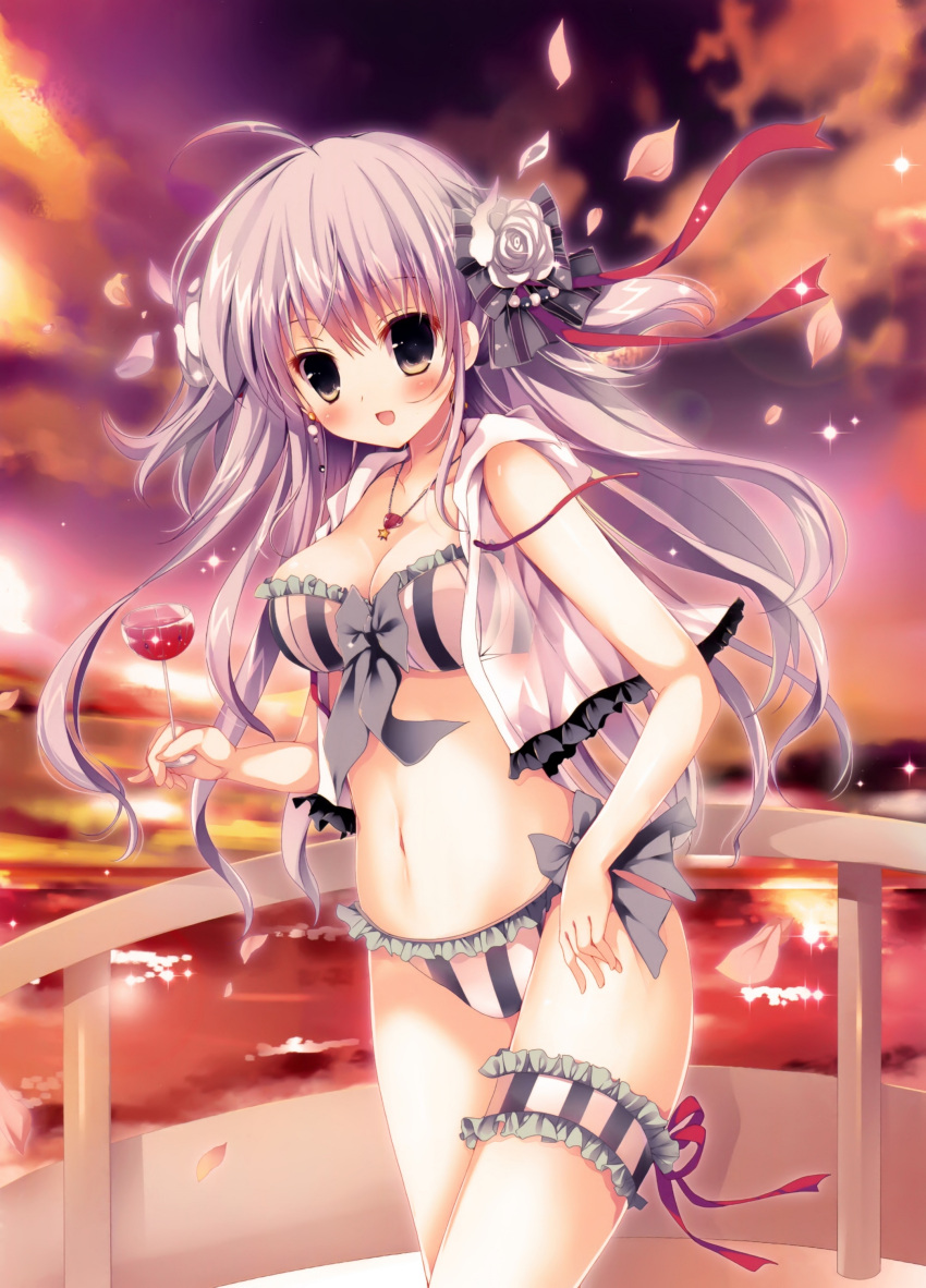 1girl absurdres ahoge bikini black_eyes breasts cleavage earrings flower frilled_bikini frills glasses grey_hair hair_flower hair_ornament highres holding holding_glasses jewelry long_hair medium_breasts mizusawa_mimori navel necklace open_clothes open_mouth open_shirt original outdoors petals red_ribbon ribbon shirt solo star_necklace strapless strapless_bikini striped striped_bikini striped_ribbon swimsuit thigh_strap white_flower white_shirt