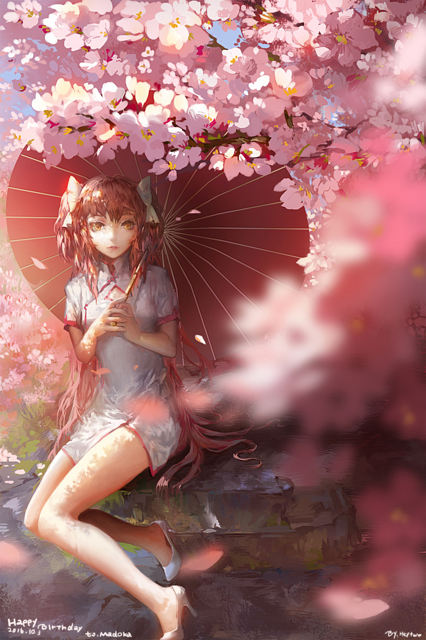 1girl 2016 argyle_cutout artist_name bangs bare_arms bare_legs blackrabbitsoul blurry bow character_name cherry_blossoms china_dress chinese_clothes dated day depth_of_field dress english eyelashes goddess_madoka hair_bow happy_birthday high_heels highres holding holding_umbrella kaname_madoka long_hair looking_at_viewer looking_away looking_to_the_side mahou_shoujo_madoka_magica nail_polish no_shoes oriental_umbrella own_hands_together parted_lips petals pink pink_flower pink_hair pink_lips pink_nails shade shoes short_sleeves sitting sky tree two_side_up umbrella very_long_hair white_bow white_dress white_shoes yellow_eyes