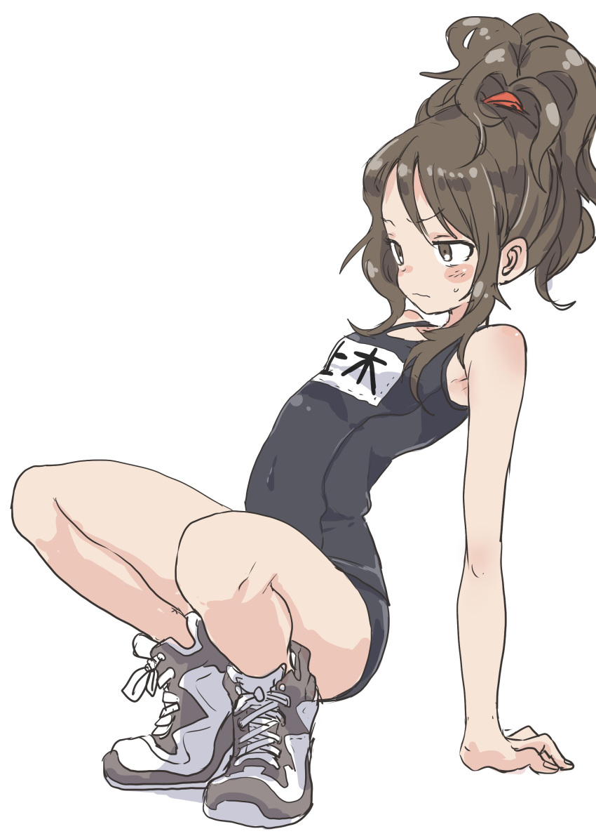 1girl absurdres arm_support bare_arms bare_legs bare_shoulders black_swimsuit blush_stickers body_blush breasts brown_shoes closed_mouth collarbone covered_navel full_body hair_tie highres knees_apart_feet_together long_hair looking_afar name_tag no_socks original ponytail school_swimsuit shoes sidelocks simple_background sketch small_breasts solo squatting sweatdrop swimsuit wavy_mouth white_background yamamoto_souichirou