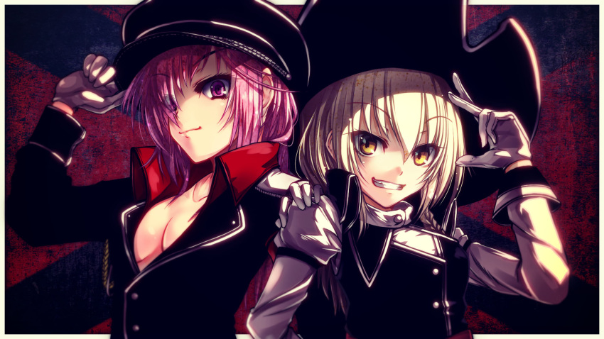 2girls aiguillette amemiya_amane black_hat black_jacket black_vest blonde_hair braid breasts buttons cleavage closed_mouth crossover eyebrows eyebrows_visible_through_hair eyelashes eyes_visible_through_hair gloves grin hair_between_eyes hair_over_one_eye hairband hand_on_another's_shoulder hand_on_headwear hat hat_tip highres jacket kateikyoushi_no_onee-san kirisame_marisa kurasaki_cority long_hair long_sleeves looking_at_viewer multiple_girls no_shirt outside_border peaked_cap pink_eyes pirate_hat purple_hair red_background salute shirt side-by-side side_braid small_breasts smile touhou turtleneck upper_body vest violet_eyes white_border white_gloves white_shirt wrist_cuffs yellow_eyes