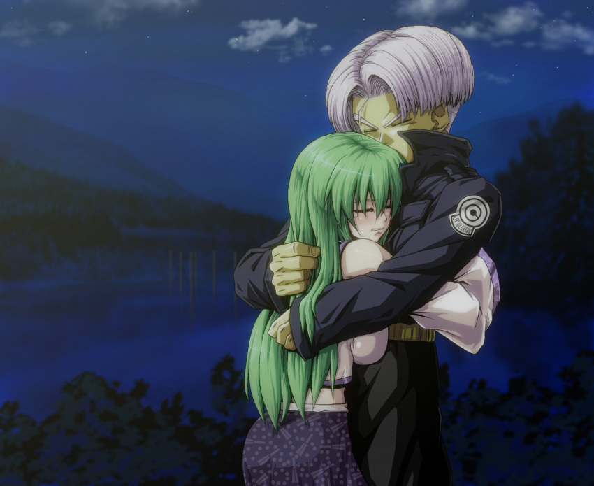 1boy 1girl breast_press breasts closed_eyes clouds crossover detached_sleeves dragon_ball dragon_ball_z green_hair height_difference highres jacket kamishima_kanon kochiya_sanae large_breasts mountain night night_sky silver_hair skirt sky star_(sky) touhou trunks_(dragon_ball)