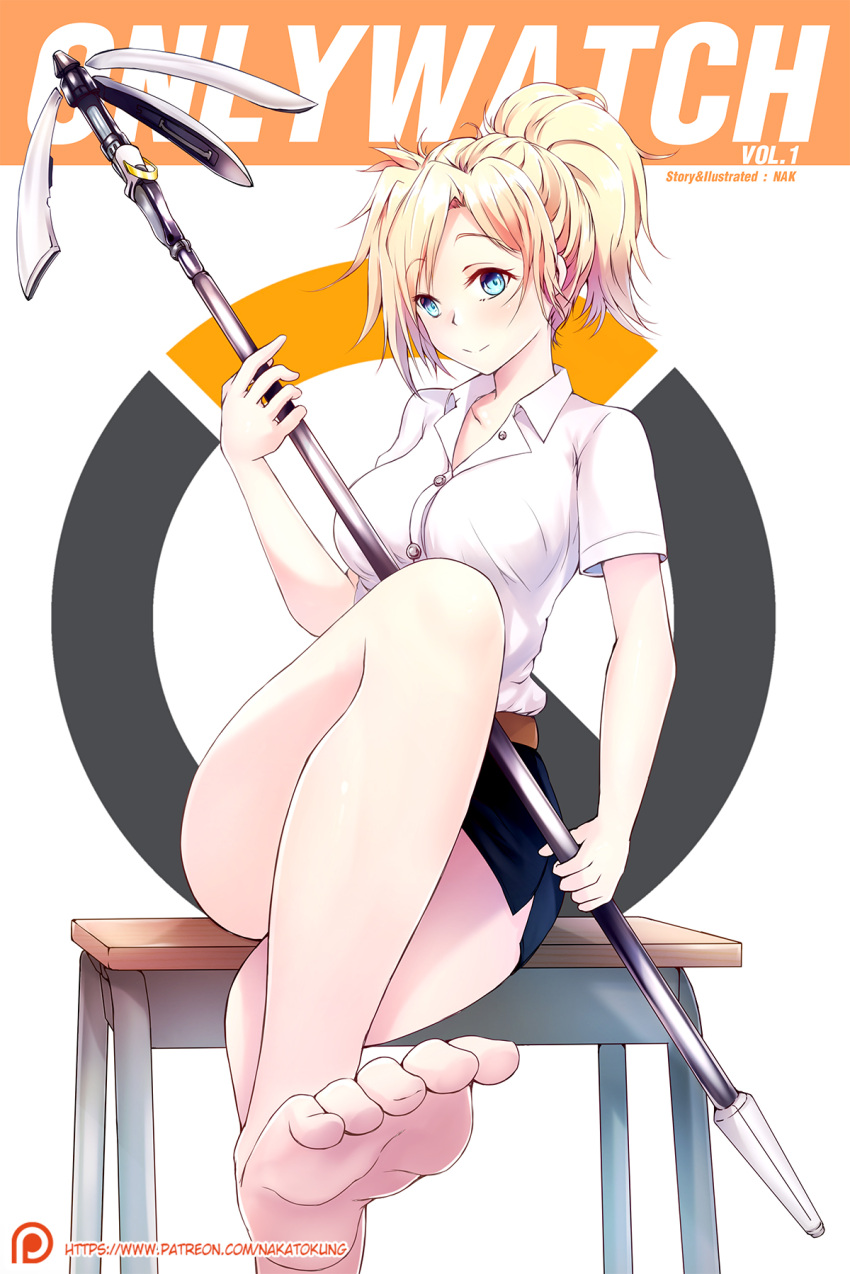 1girl barefoot belt blonde_hair blue_eyes blue_skirt breasts casual collarbone collared_shirt cover cover_page desk foreshortening high_ponytail highres holding holding_staff logo looking_at_viewer medium_breasts mercy_(overwatch) miniskirt nakatokung on_desk overwatch patreon ponytail shirt short_sleeves simple_background sitting sitting_on_desk skirt smile solo staff toes watermark web_address white_background white_shirt