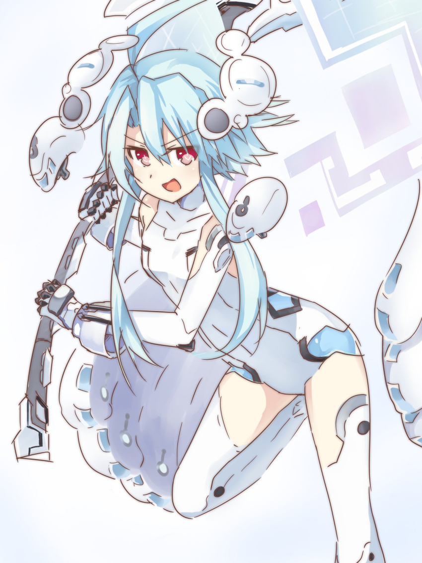 1girl ahoge axe battle_axe blanc blancpig_yryr blue_hair highres looking_at_viewer neptune_(series) power_symbol red_eyes short_hair_with_long_locks sidelocks solo symbol-shaped_pupils weapon white_heart