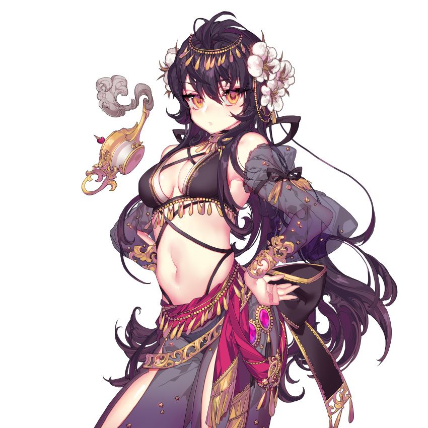 1girl absurdres black_hair breasts character_request cleavage cowboy_shot floating_object flower hair_flower hair_ornament hand_on_hip highres lamp long_hair looking_at_viewer midriff navel pika_(kai9464) simple_background smoke solo uchi_no_hime-sama_ga_ichiban_kawaii white_background yellow_eyes