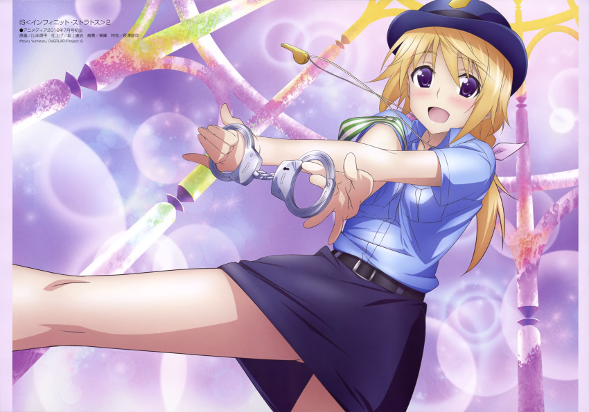 1girl absurdres belt blonde_hair blue_hat blue_shirt blue_skirt charlotte_dunois copyright_name cuffs dutch_angle eyebrows eyebrows_visible_through_hair from_below hair_ribbon handcuffs hat highres holding infinite_stratos long_hair looking_at_viewer open_mouth pink_ribbon police police_uniform policewoman ponytail ribbon shirt skirt solo uniform violet_eyes yamamoto_shuuhei