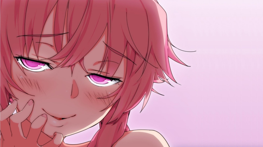 1girl artist_request bare_shoulders blush close-up fingernails fingers_to_cheeks gasai_yuno gradient gradient_background head_only head_tilt highres lips looking_at_viewer mirai_nikki parted_lips pink_eyes pink_hair smile solo