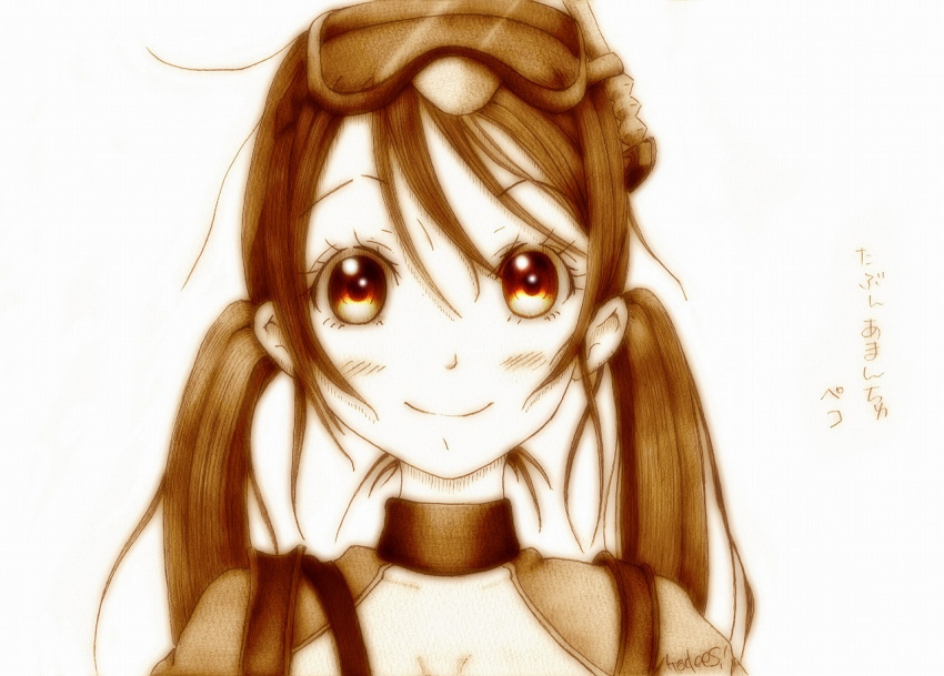 1girl amanchu! artist_name blush collar commentary_request godees goggles goggles_on_head graphite_(medium) hair_between_eyes long_hair looking_at_viewer monochrome ooki_futaba portrait sepia simple_background smile snorkel solo traditional_media translation_request twintails white_background