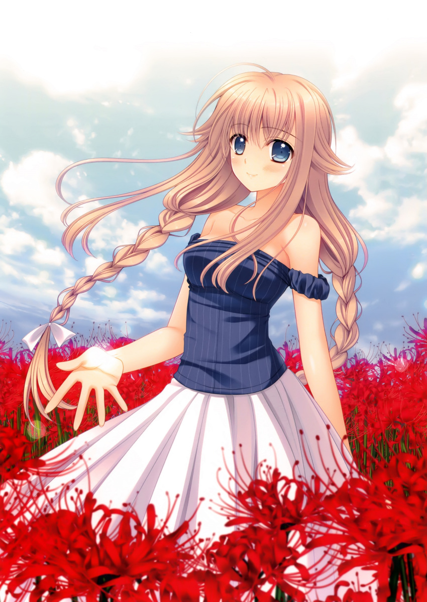 1girl absurdres bare_shoulders blue_eyes bow braid collarbone eyebrows eyebrows_visible_through_hair field flower flower_field hair_bow highres light_brown_hair long_hair looking_at_viewer nishimata_aoi original outdoors pleated_skirt red_flower skirt smile solo twin_braids white_bow white_skirt
