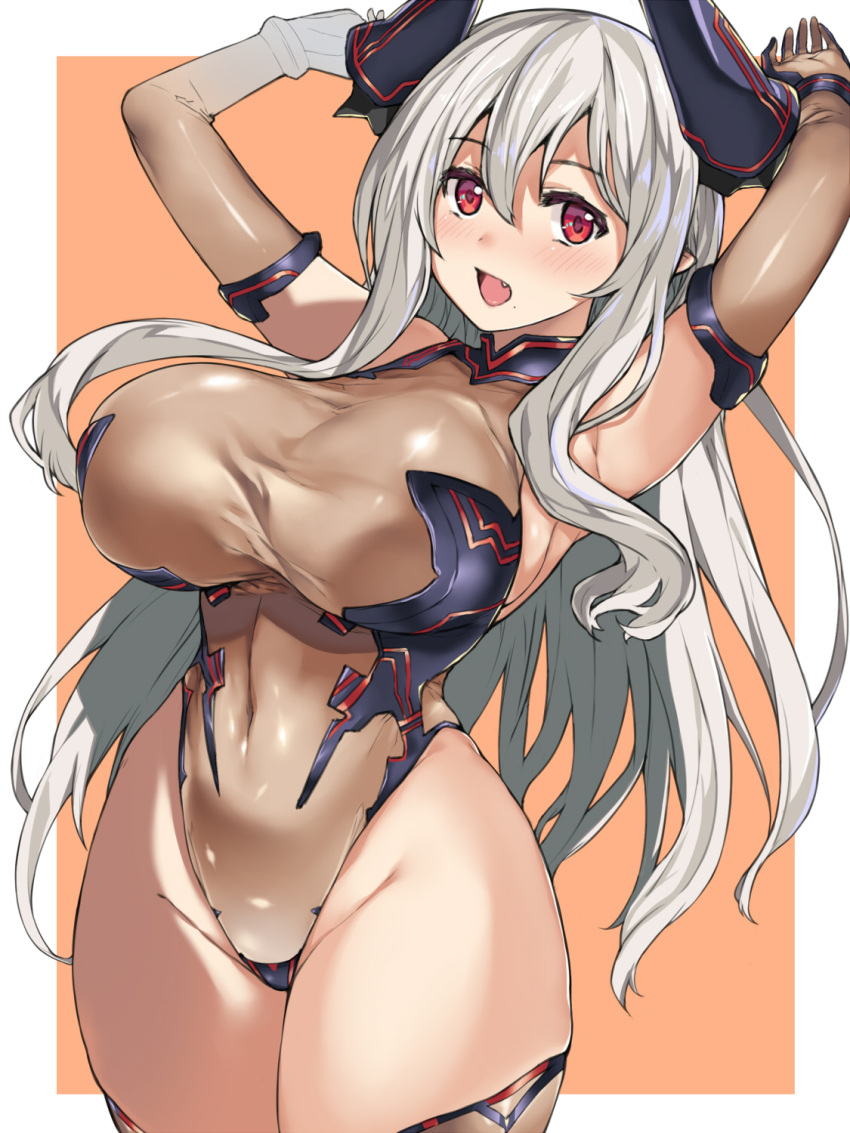 1girl :d armpits arms_behind_back arms_up bangs blush borrowed_character breasts colo_mag-chan covered_navel elbow_gloves fang gloves granblue_fantasy hai_ookami hair_between_eyes highres horns large_breasts leotard long_hair looking_at_viewer open_mouth pointy_ears red_eyes smile solo thigh-highs