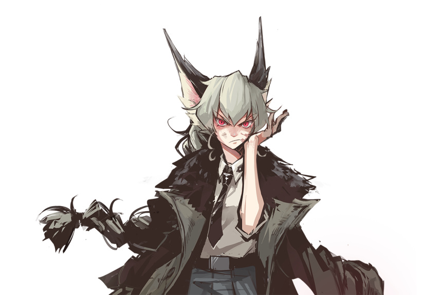 &gt;:( 1girl anchovy angry animal_ears bangs belt black_necktie black_skirt braid breasts bruise closed_mouth coat collared_shirt die_(die0118) dress_shirt frown fur-trimmed_coat fur_trim girls_und_panzer injury jacket_on_shoulders kemonomimi_mode long_hair long_sleeves looking_at_viewer necktie pleated_skirt school_uniform shirt simple_background single_braid skirt sleeves_rolled_up small_breasts solo upper_body white_background white_shirt