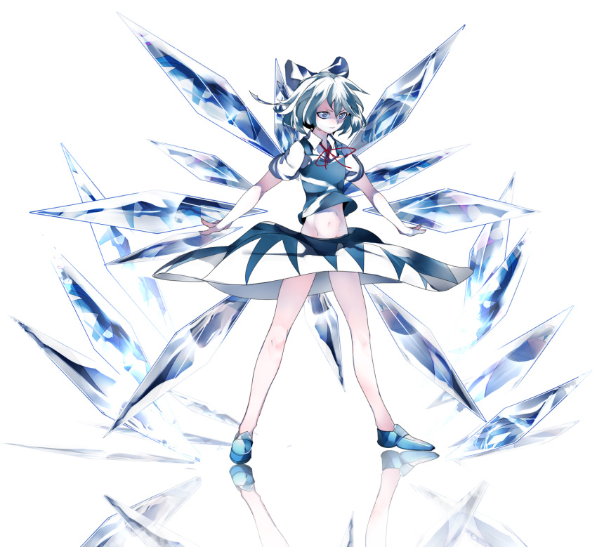 1girl blue_bow blue_ribbon blue_shoes blue_skirt blue_vest bow cirno full_body grey_eyes hair_bow hair_ribbon highres ice ice_wings ikurauni midriff navel outstretched_arms puffy_short_sleeves puffy_sleeves reflection reflective_floor ribbon serious shoes short_hair short_sleeves silver_hair skirt solo spread_arms touhou wings