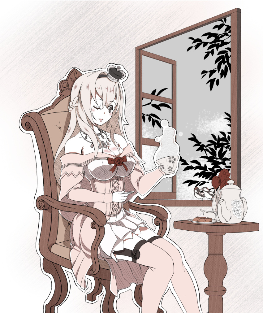 1girl braid breasts chair cleavage crown cup dress french_braid garter_straps highres kantai_collection large_breasts long_hair mini_crown muted_color off-shoulder_dress off_shoulder one_eye_closed scone sitting steam table teacup teapot thigh-highs warabe_(waraghi) warspite_(kantai_collection) window zettai_ryouiki