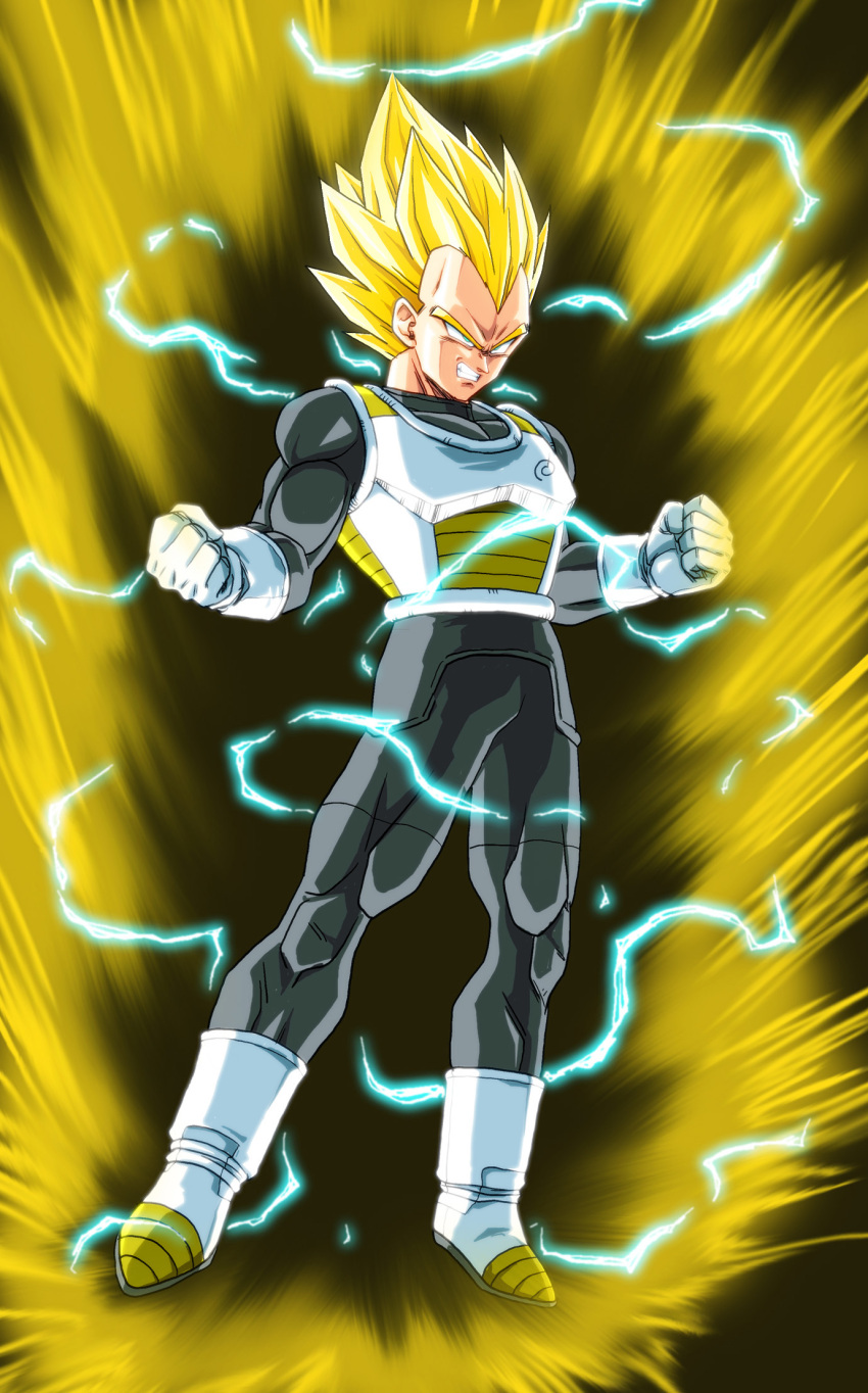 1boy armor aura blonde_hair boots clenched_hands clenched_teeth dragon_ball dragon_ball_super electricity full_body gloves green_eyes highres kamishima_kanon male_focus muscle solo spiky_hair super_saiyan super_saiyan_2 teeth vegeta white_boots white_gloves widow's_peak