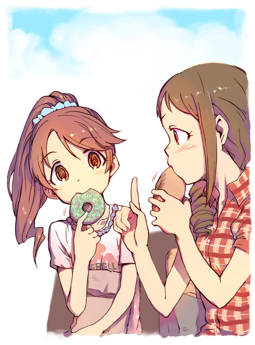 2girls blush bread brown_eyes brown_hair doughnut drill_hair eating food hair_ornament hair_over_shoulder hair_scrunchie highres idolmaster idolmaster_cinderella_girls long_hair looking_at_another multiple_girls nametake oohara_michiru plaid plaid_shirt ponytail scrunchie shiina_noriko shirt short_sleeves sitting