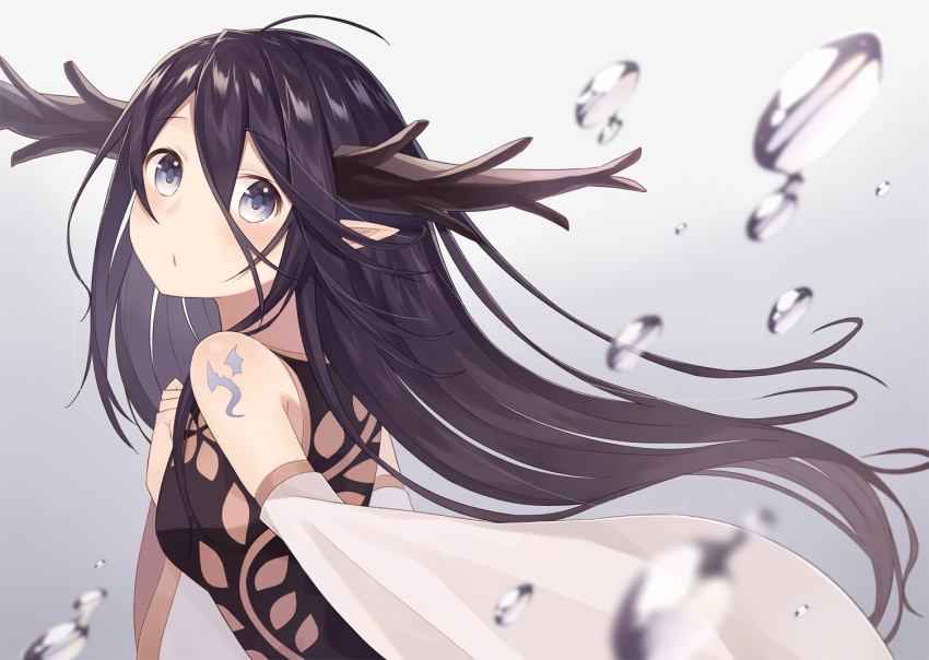 1girl antlers black_hair blue_eyes blush clenched_hand detached_sleeves from_side gradient gradient_background hair_between_eyes hand_on_own_chest head_tilt looking_at_viewer nagitoki original pointy_ears puckered_lips solo tattoo upper_body water_drop wide_sleeves wind