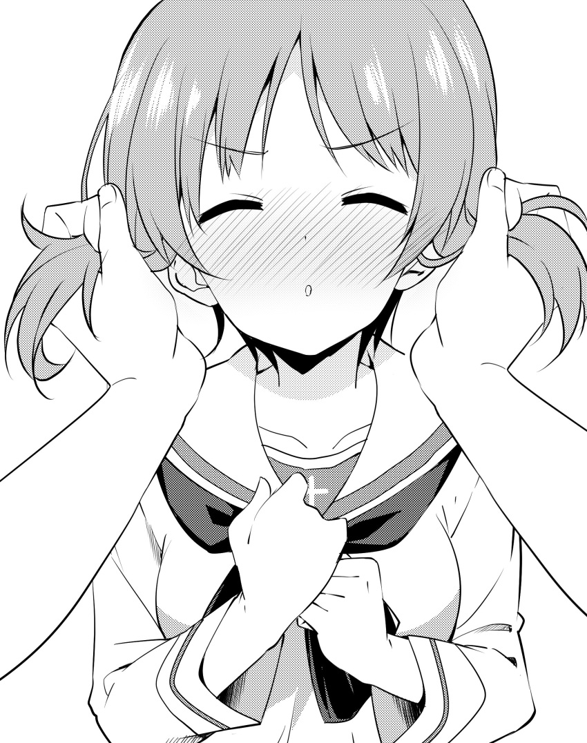 1girl absurdres bangs blush breasts closed_eyes collarbone eyebrows eyebrows_visible_through_hair face girls_und_panzer greyscale hajimeme3 highres holding holding_hair long_sleeves medium_breasts monochrome nishizumi_miho nose_blush pov_hands sailor_collar simple_background solo_focus upper_body waiting_for_kiss white_background