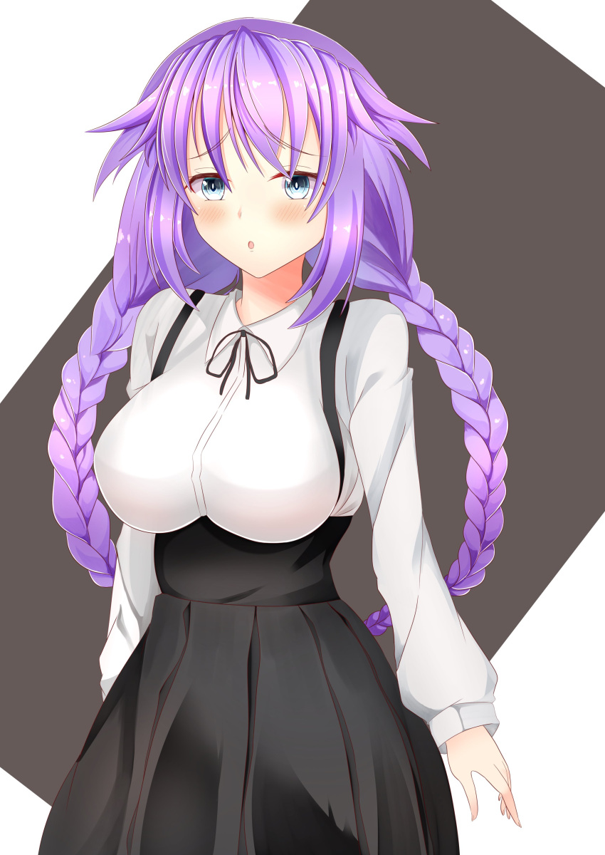 1girl absurdres blue_eyes blush braid breasts cleavage doru_26 hair_ornament highres large_breasts long_hair looking_at_viewer neptune_(choujigen_game_neptune) neptune_(series) purple_hair purple_heart solo symbol-shaped_pupils twin_braids