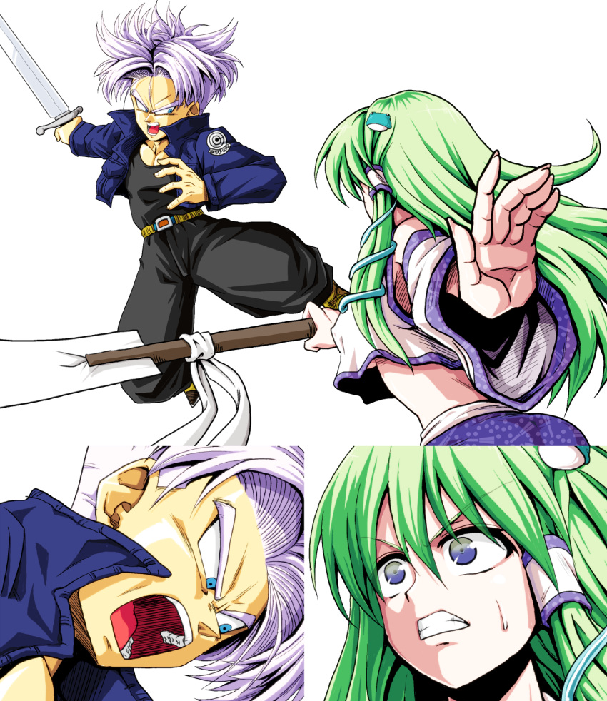 1boy 1girl blue_eyes boots brown_boots clenched_teeth comic crossover detached_sleeves dragon_ball dragon_ball_z fighting fingernails frog_hair_ornament green_eyes hair_ornament hair_tubes highres jacket kamishima_kanon kochiya_sanae lavender_hair long_hair muscle oonusa open_mouth pectorals snake_hair_ornament sweatdrop sword teeth touhou trunks_(dragon_ball) weapon wide_sleeves