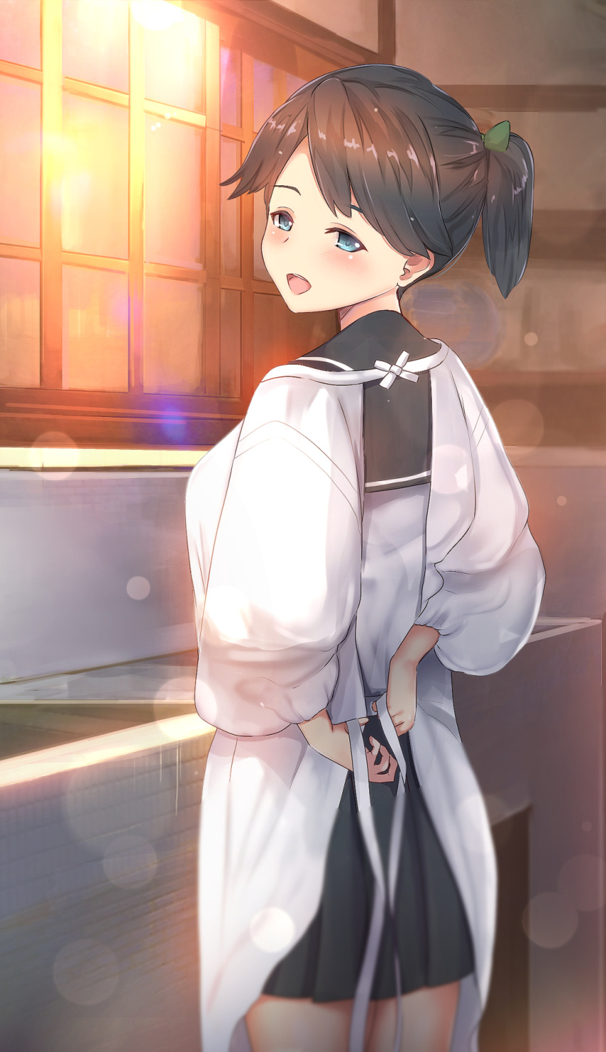 1girl :d alternate_costume alternate_hair_length alternate_hairstyle arms_behind_back bangs black_skirt blue_eyes blue_hair blush breasts commentary_request cowboy_shot from_behind hair_ornament hair_ribbon highres houshou_(kantai_collection) indoors kantai_collection kappougi kitchen looking_at_viewer looking_back open_mouth ponytail ribbon school_uniform serafuku short_ponytail sink skirt smile solo sunset untied untsue window younger