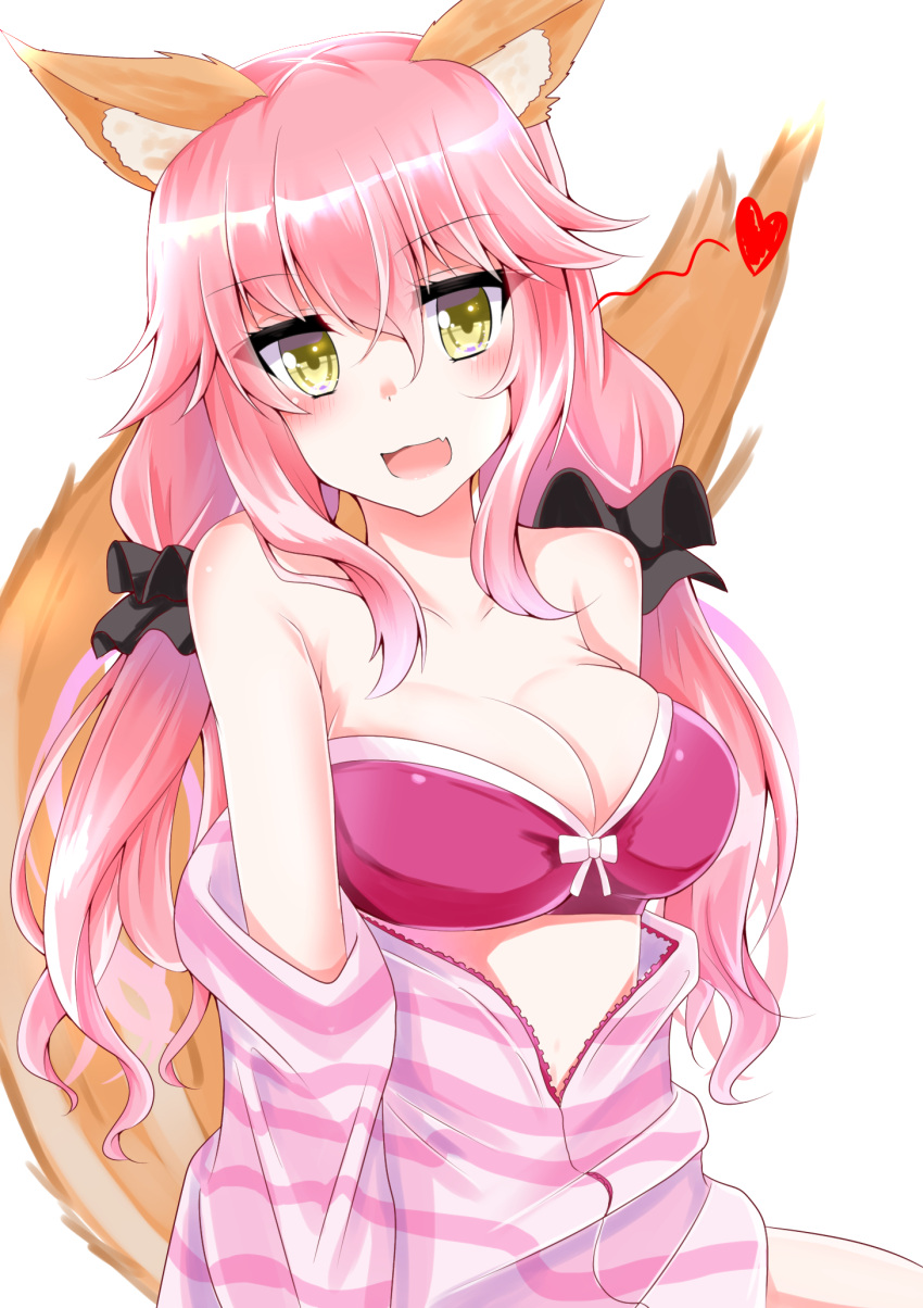 1girl animal_ears bare_shoulders bra breasts cleavage collarbone fang fate/extra fate_(series) fox_ears fox_tail heart highres kitajima_yuuki large_breasts looking_at_viewer open_clothes open_mouth open_shirt pink_bra pink_hair shirt simple_background solo tail tamamo_(fate)_(all) tamamo_no_mae_(fate) underwear white_background yellow_eyes
