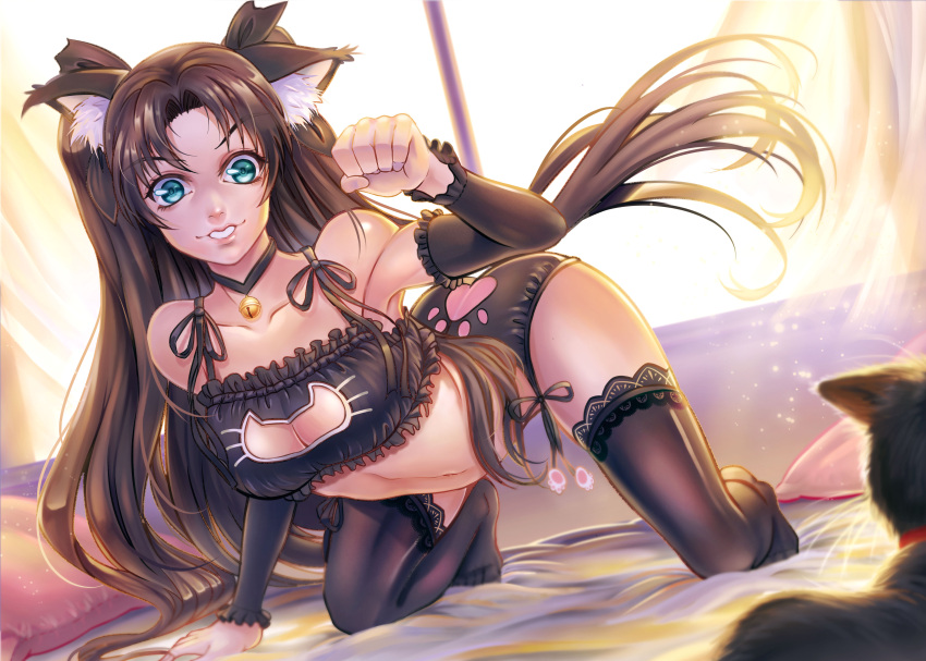 absurdres all_fours animal_ears arm_warmers bad_anatomy bare_shoulders bell bell_collar black_cat black_legwear blue_eyes brown_hair cat cat_ears cat_lingerie clenched_hand collar fate/stay_night fate_(series) highres indoors long_hair looking_at_viewer midriff mr._j.w navel on_bed panties parted_lips paw_pose pillow thigh-highs toosaka_rin underwear very_long_hair window