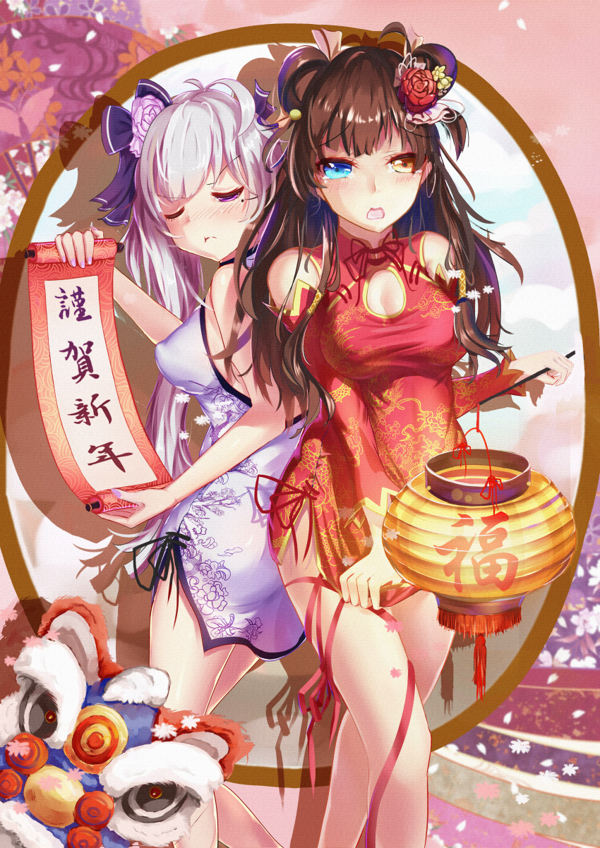 2girls absurdres blue_eyes blush breasts brown_eyes brown_hair china_dress chinese_clothes closed_eyes double_bun dress flower hair_flower hair_ornament highres long_hair multiple_girls nail_polish open_mouth original purple_nails red_dress roy_(pixiv12676578) silver_hair white_dress