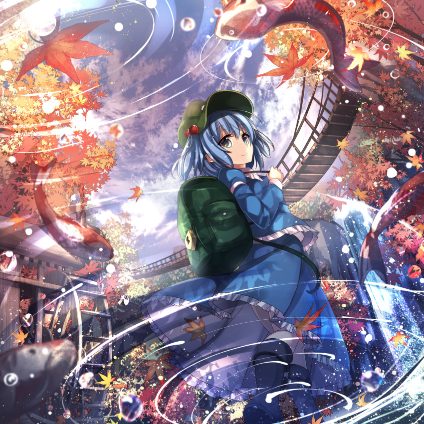 1girl album_cover architecture autumn_leaves backpack bag black_boots blue_eyes blue_hair blue_shirt blue_skirt boots bridge closed_mouth commentary_request cover east_asian_architecture falling_leaves fish frilled_skirt frills from_below hair_bobbles hair_ornament hat highres janne_cherry juliet_sleeves kawashiro_nitori koi leaf long_sleeves looking_at_viewer maple_leaf puffy_sleeves ripples rope_bridge shirt short_hair skirt skirt_set smile solo touhou two_side_up water waterfall watermill