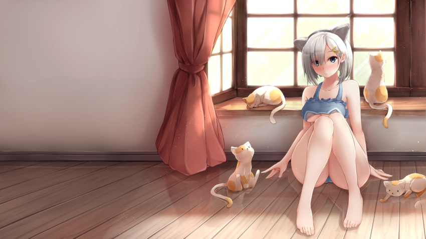 1girl animal_ears barefoot blue_eyes breasts cat cat_ears cat_lingerie curtains eyes_visible_through_hair fake_animal_ears glowing hair_ornament hair_over_one_eye hairclip hamakaze_(kantai_collection) headband highres kantai_collection large_breasts light nicoby reflection short_hair silver_hair sitting solo window wooden_floor