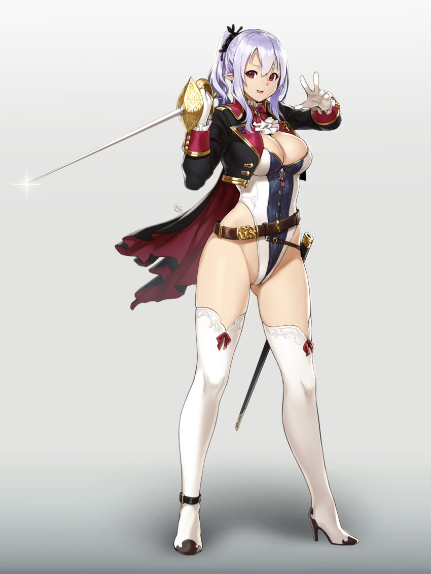 1girl :d beltskirt black_cape black_coat black_ribbon boots bow bowtie breasts brooch cape cleavage cowboy_shot crop_top cropped_jacket full_body gloves hair_between_eyes hair_ribbon highleg highleg_leotard highres holding holding_sword holding_weapon houtengeki jewelry large_breasts lavender_hair leotard long_sleeves looking_at_viewer open_mouth original pointy_ears ponytail rapier red_bow red_bowtie red_eyes ribbon scabbard sheath short_eyebrows smile solo sword thigh-highs thigh_boots weapon white_boots white_gloves white_legwear