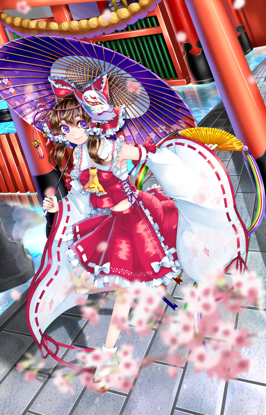 13_(spice!!) 1girl architecture armpits ascot blurry blush bow brown_hair cherry_blossoms day depth_of_field detached_sleeves east_asian_architecture embellished_costume fan folding_fan fox_mask frilled_shirt_collar frilled_skirt frills full_body geta hair_bow hair_tubes hakurei_reimu highres holding holding_fan holding_umbrella japanese_clothes long_sleeves looking_at_viewer mask mask_on_head miko oriental_umbrella red_bow red_shirt red_skirt ribbon-trimmed_sleeves ribbon_trim sarashi shirt skirt skirt_set sleeveless sleeveless_shirt smile socks solo torii touhou umbrella violet_eyes white_bow white_legwear wide_sleeves