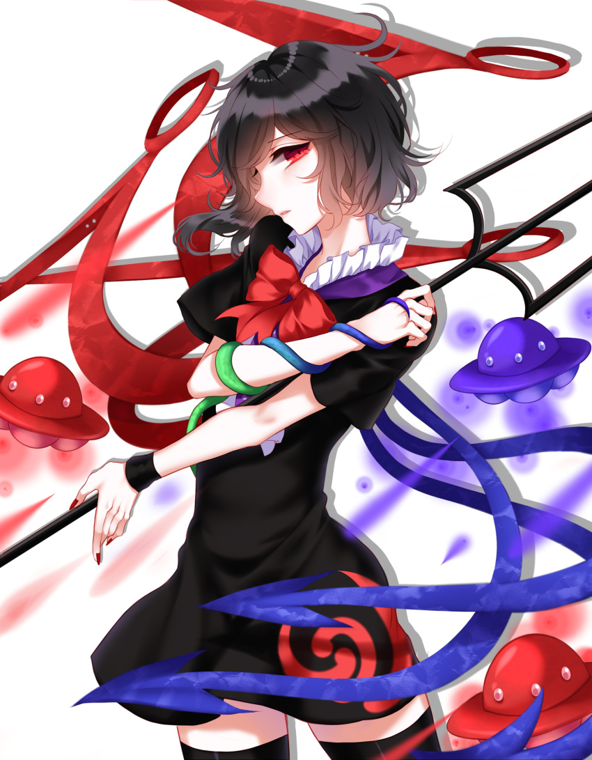1girl absurdres asymmetrical_wings black_dress black_hair black_legwear bow bowtie cowboy_shot dress highres houjuu_nue looking_at_viewer looking_to_the_side nail_polish parted_lips polearm profile red_bow red_bowtie red_eyes red_nails sheya side_glance snake solo tagme thigh-highs touhou trident ufo weapon wings wristband