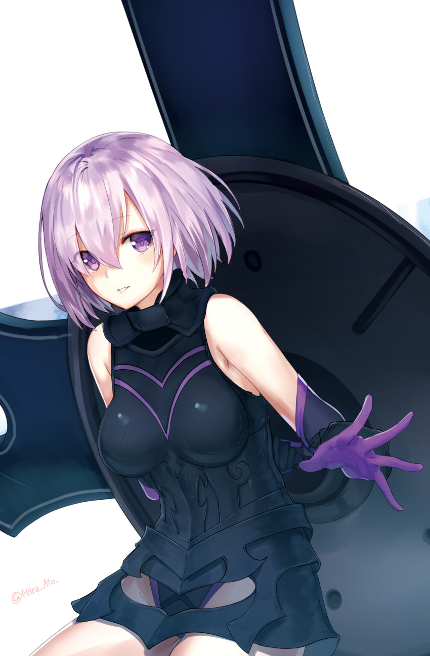 1girl absurdres ato_(haru_ato) breasts eyebrows eyebrows_visible_through_hair fate/grand_order fate_(series) gloves highres lavender_hair light_smile medium_breasts purple_gloves shielder_(fate/grand_order) short_hair simple_background smile solo twitter_username violet_eyes white_background