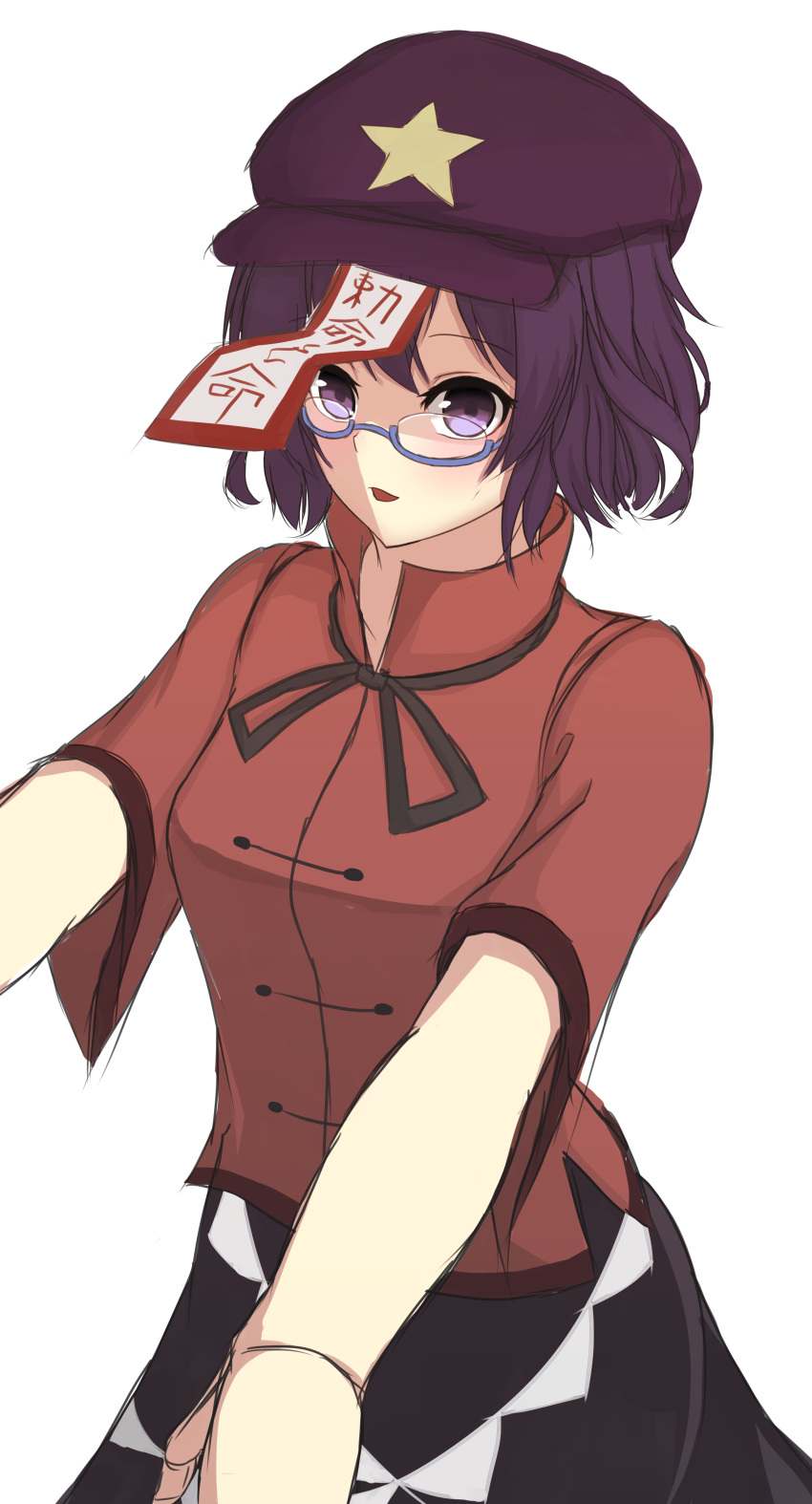 1girl :d absurdres beret bespectacled black_ribbon black_skirt blue-framed_eyewear cowboy_shot glasses hat highres jiangshi looking_at_viewer miyako_yoshika neck_ribbon ofuda open_mouth outstretched_arms ozu_(agito100001) purple_hair red_shirt ribbon semi-rimless_glasses shirt short_hair skirt smile solo star touhou under-rim_glasses violet_eyes white_background zombie_pose