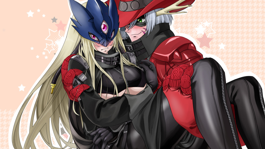 1boy 1girl artist_request beelstarmon black_gloves black_legwear blonde_hair blush breast_hold breasts carrying closed_mouth couple cowboy_hat digimon domino_mask facial_mark gloves green_eyes hat helmet high_collar highres large_breasts leggings long_hair long_sleeves looking_at_another looking_at_viewer magnakidmon mask pauldrons pink_eyes princess_carry short_hair sidelocks silver_hair skin_tight smile spandex third_eye under_boob zipper