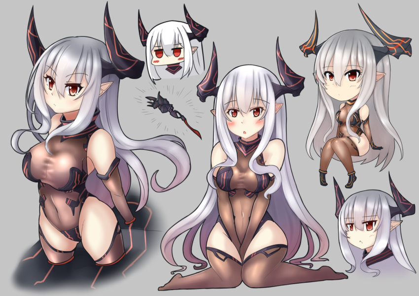 1girl :&lt; :o arms_behind_back bangs between_legs black_gloves blush borrowed_character breasts brown_legwear chestnut_mouth chibi closed_mouth colo_mag-chan colossus_(granblue_fantasy) detached_sleeves doraf eyebrows eyebrows_visible_through_hair gloves granblue_fantasy grey_background hair_between_eyes horns kuronekozero leotard long_hair long_sleeves medium_breasts multiple_views open_mouth original piloting pointy_ears red_eyes sitting solo staff taut_leotard thigh-highs tsurime turtleneck upper_body v_arms white_hair