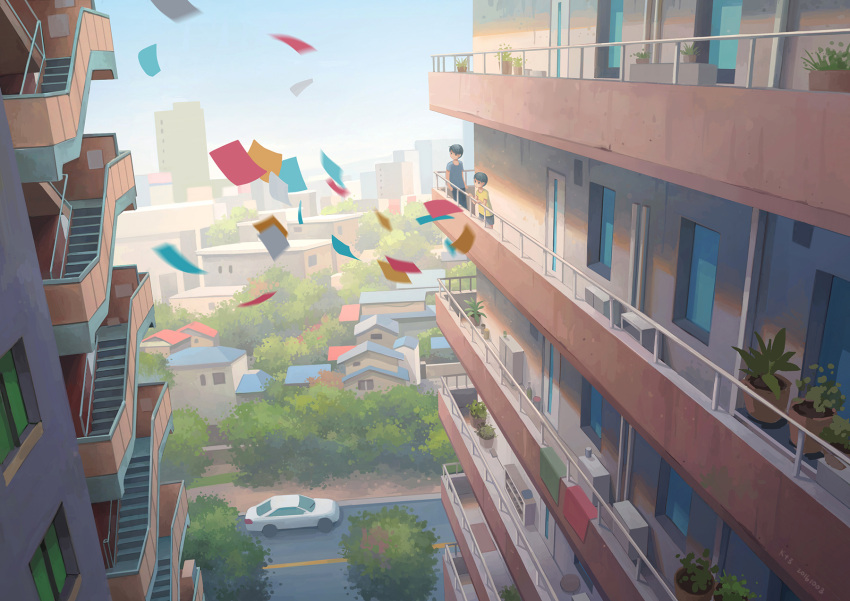 2boys apartment blue_sky building car child cityscape day flying_paper ground_vehicle highres kitsu+3 motor_vehicle multiple_boys original outdoors paper plant potted_plant railing road scenery sky stairs street window