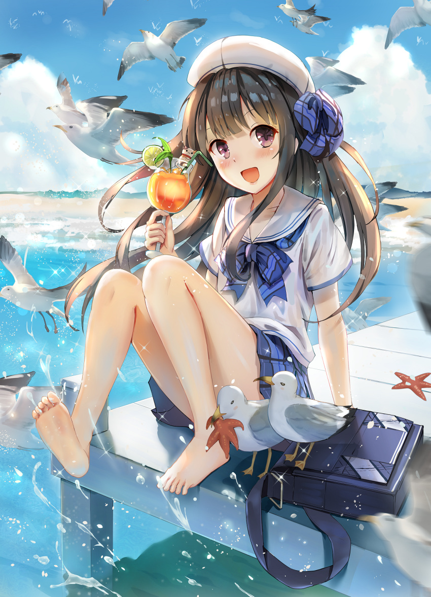 1girl :d arm_support bag bangs bare_legs barefoot beach bendy_straw bird black_hair blouse blue_skirt blunt_bangs blush bow clouds cocktail cup drink drinking_glass drinking_straw full_body hat highres holding_drinking_glass ipass_(yi_ka_tong) knees_up lime_slice long_hair looking_at_viewer miniskirt ocean open_mouth pier plaid plaid_skirt pleated_skirt qian_wu_atai sailor_hat school_bag school_uniform seagull serafuku shore short_sleeves sitting skirt sky smile soles solo sparkle starfish violet_eyes water water_drop white_blouse xiao_pa