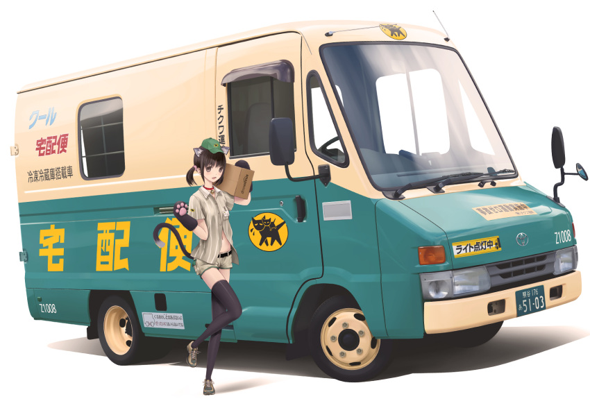 1girl animal_ears black_hair brown_eyes car cat_ears chikuwa_(glossymmmk) delivery ground_vehicle highres kneehighs motor_vehicle paw_pose twintails uniform yamato_transport