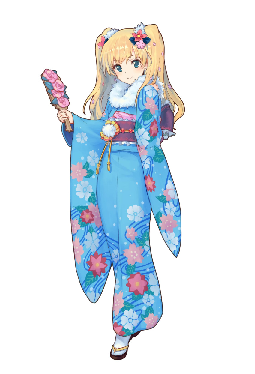 1girl aqua_eyes artist_request blonde_hair cordelia_glauca floral_print flower full_body fur_trim furisode hair_flower hair_ornament highres holding japanese_clothes kimono long_hair long_sleeves mizutoumi_(graphic_loops) obi sandals sash simple_background smile solo tabi tantei_opera_milky_holmes toys_drive two_side_up white_background wide_sleeves