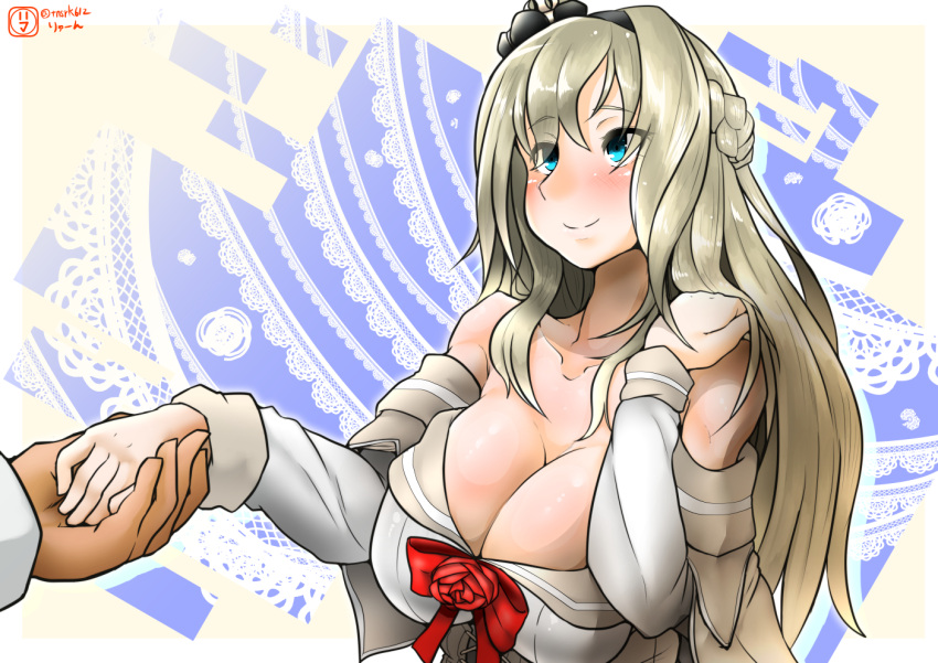 1boy 1girl bare_shoulders blonde_hair blue_eyes blush braid breasts collarbone crown dress flower french_braid hairband hand_on_own_shoulder holding_hands kantai_collection large_breasts long_hair long_sleeves mini_crown off_shoulder out_of_frame red_ribbon red_rose ribbon rose ryuun_the_return solo twitter_username upper_body warspite_(kantai_collection)
