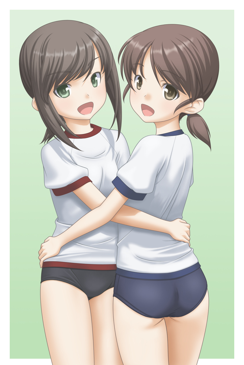 2girls ass back bangs black_eyes black_hair blouse brown_eyes brown_hair buruma fubuki_(kantai_collection) highres kantai_collection low_ponytail low_twintails multiple_girls parted_bangs ponytail shirayuki_(kantai_collection) short_hair short_ponytail short_twintails t2r twintails white_blouse