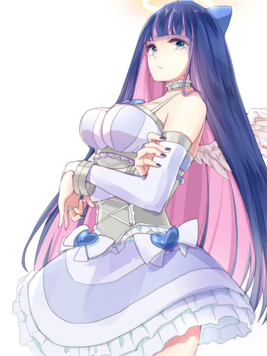 1girl bangs blue_bow blue_hair blunt_bangs bow bracelet breasts bridal_gauntlets choker closed_mouth corset cowboy_shot cross-laced_clothes dress feathered_wings frilled_dress frills from_side hair_bow halo heart highres jewelry kashiwagi_chisame large_breasts long_hair looking_at_viewer multicolored_hair nail_polish panty_&amp;_stocking_with_garterbelt pink_hair ring short_dress simple_background skindentation solo stocking_(psg) two-tone_hair very_long_hair white_background white_bow white_wings wings